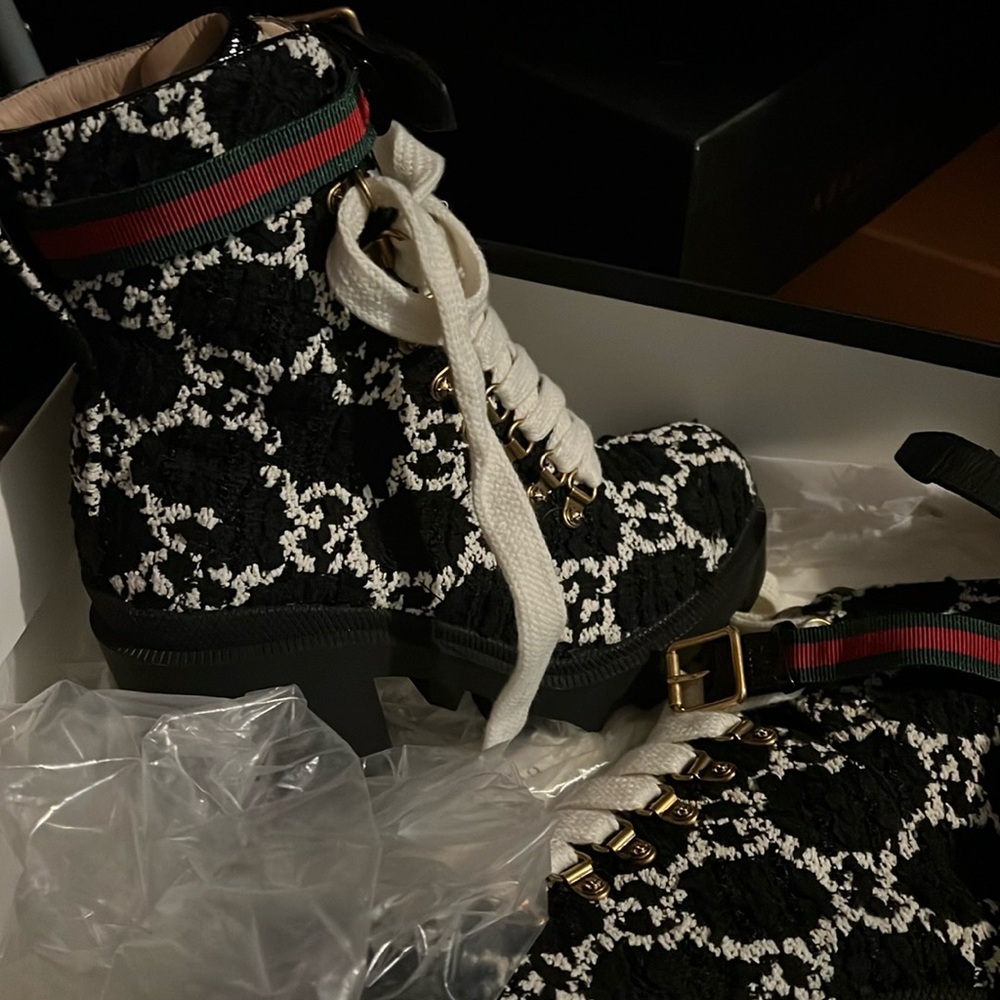 Gucci Black and White Textured Ankle Boots